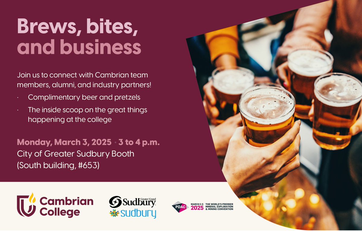 Cambrian R&D (@cambrianrd) on Twitter photo Attending this year’s <a href="/the_PDAC/">The Official PDAC</a> ? Don’t miss <a href="/cambriancollege/">Cambrian College</a> on the show floor! We are also hosting Brews, Bites, and Business again at the City of Greater Sudbury booth! No registration needed. We can’t wait to connect with you! 🤝 Attending this year’s <a href="/the_PDAC/">The Official PDAC</a> ? Don’t miss <a href="/cambriancollege/">Cambrian College</a> on the show floor! We are also hosting Brews, Bites, and Business again at the City of Greater Sudbury booth! No registration needed. We can’t wait to connect with you! 🤝