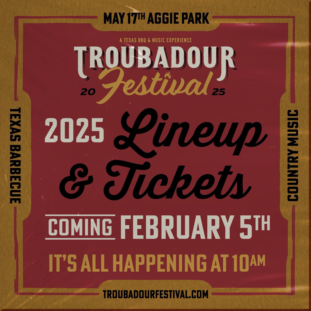 🚨 SET THOSE ALARMS 🚨 

We’re unleashing the 2025 Troubadour Festival Aggieland lineup and going on sale AT THE SAME TIME - 10:00 AM Wednesday, February 5. 

More important news is coming over the next few days!