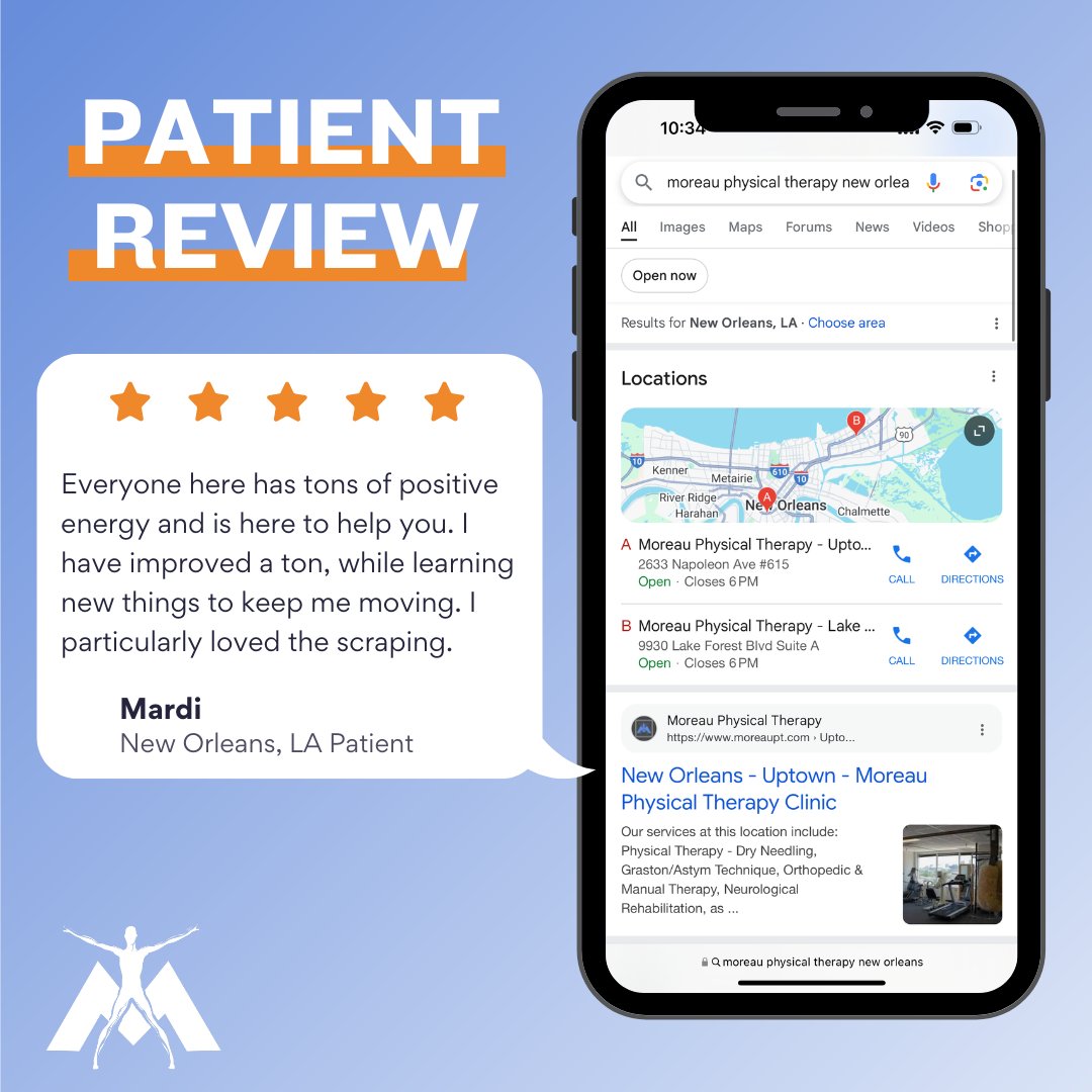 moreaupt's tweet photo. 📍 New Orleans Location Review

"The facility is awesome. I love those guys - everybody there. We laughed and we talked, enjoying each other‘s company. It’s a wonderful atmosphere at Moreau Physical!" - Chereal

Call us today to start your journey to a stronger YOU! #LiveMore https://t.co/2vA1j33D36