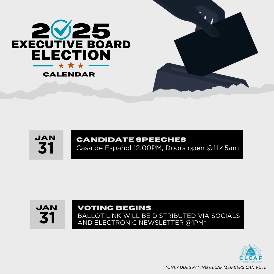 CA Latino Capitol Assn. Foundation (@clca_foundation) on Twitter photo 🗳️Members! Election day is Friday at <a href="/CASA_de_ESPANOL/">CASA de ESPAÑOL</a> ! Doors open @ 11:45am. The ballot link will be sent electronically and posted on all social medias @ 1pm. Make sure to pay your membership dues to be eligible to vote. 🗳️ 🗳️Members! Election day is Friday at <a href="/CASA_de_ESPANOL/">CASA de ESPAÑOL</a> ! Doors open @ 11:45am. The ballot link will be sent electronically and posted on all social medias @ 1pm. Make sure to pay your membership dues to be eligible to vote. 🗳️