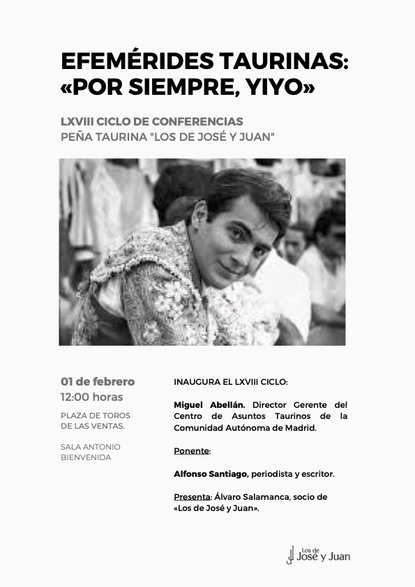 Los de José y Juan (@losdejoseyjuan) on Twitter photo 🟢Efemérides Taurinas «POR SIEMPRE, YIYO»
🗓️Sábado 01 de febrero a las 12:00h.
📍Plaza de toros de Las Ventas. Sala Antonio Bienvenida.
☑️Entrada gratuita hasta completar aforo.
#Toros #Tauromaquia
<a href="/LasVentas/">Plaza de Las Ventas</a>
#Toros #Tauromaquia
<a href="/LasVentas/">Plaza de Las Ventas</a> 🟢Efemérides Taurinas «POR SIEMPRE, YIYO»
🗓️Sábado 01 de febrero a las 12:00h.
📍Plaza de toros de Las Ventas. Sala Antonio Bienvenida.
☑️Entrada gratuita hasta completar aforo.
#Toros #Tauromaquia
<a href="/LasVentas/">Plaza de Las Ventas</a>
#Toros #Tauromaquia
<a href="/LasVentas/">Plaza de Las Ventas</a>