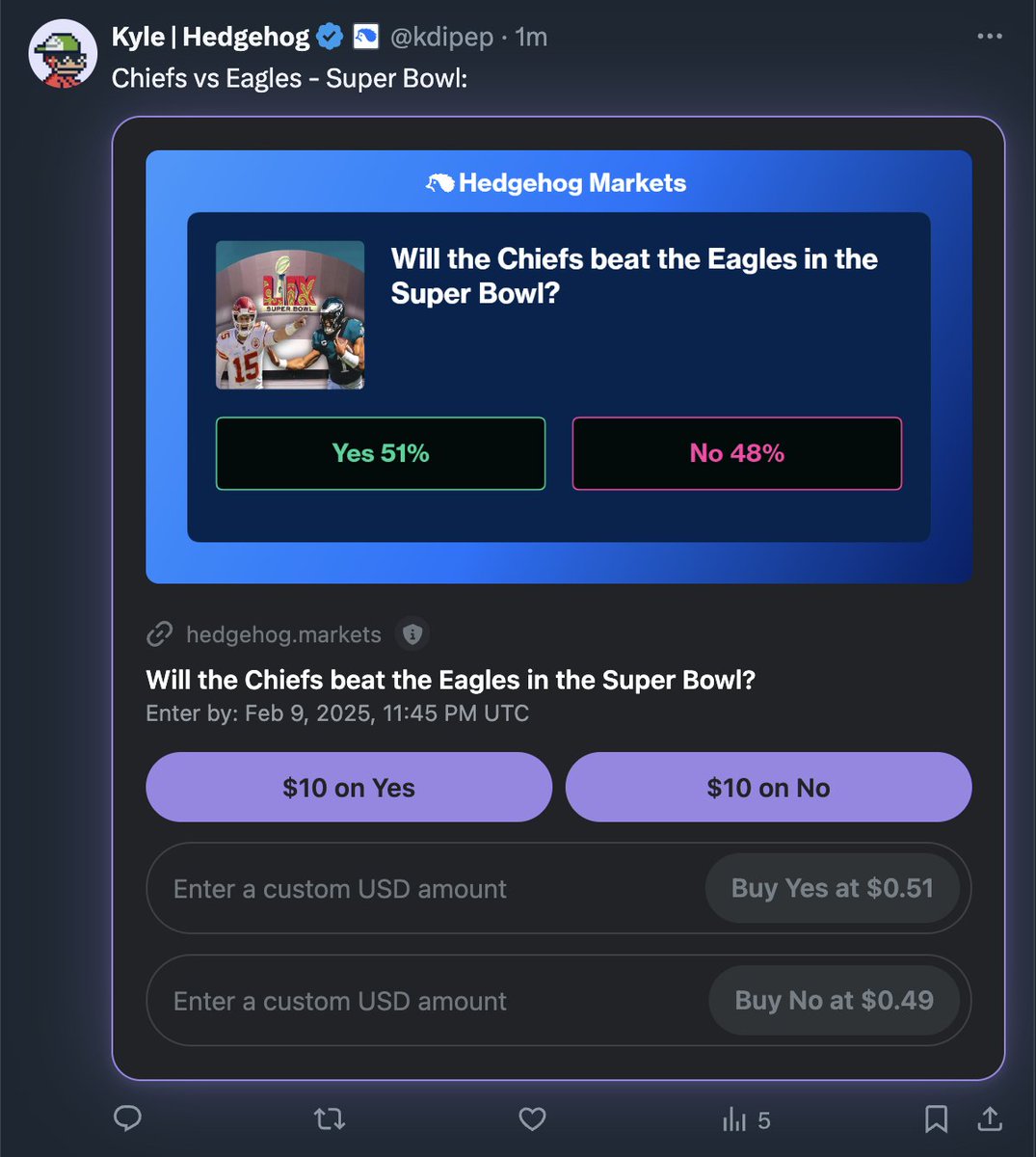 HedgehogMarket's tweet image. You can bet on the Super Bowl literally on X using USDC on @solana - just enable blinks by @saydialect in your favorite wallet and view markets right on the timeline 🤝

Screen shot to show you what you're missing out on 🤯