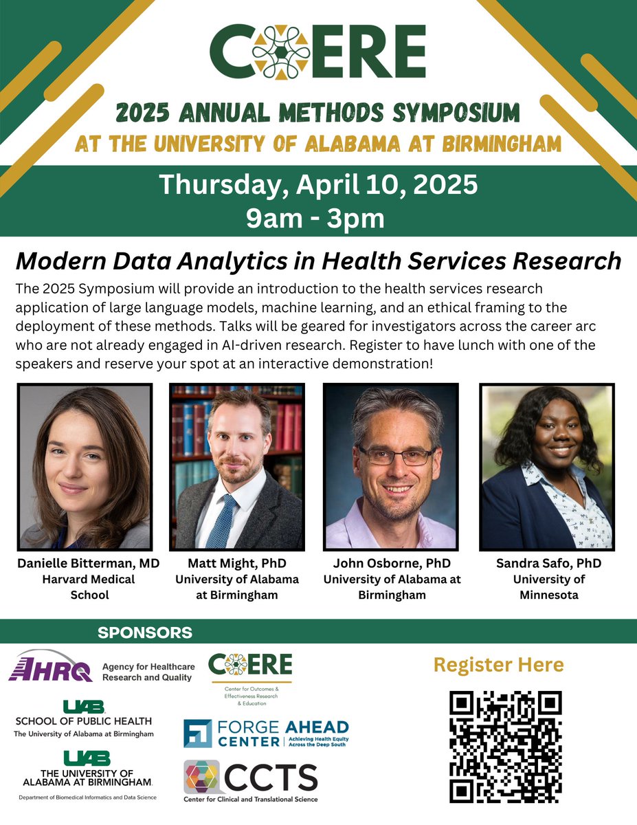 uabcoere's tweet photo. Join us at the 2025 Symposium for an intro to using large language models, machine learning, &amp; ethical frameworks in health services research. Talks are for all career stages, no prior AI experience required. Register for lunch with a speaker &amp; an interactive demo! https://t.co/OuU7sap1jG