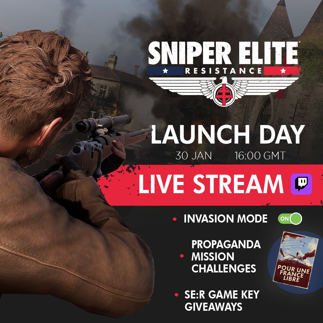 Rebellion's tweet photo. Sniper Elite: Resistance launch day stream! 🎯

Tune in to join our community team on the frontlines!
🟢 Invasion mode ON - Come find us IF YOU DARE
🫢 Propaganda mission challenges
🎁 Sniper Elite: Resistance GIVEAWAYS

📅 30 Jan - 16:00 GMT
👉 https://t.co/YNoM1SVVoH https://t.co/V3E2PDSA9E