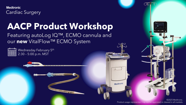 Medtronic Cardiac Surgery is headed to AACP February 5-8. Join us for a hands-on workshop featuring the autoLog IQ™ autotransfusion system, Crescent™ jugular dual lumen catheter, Bio-Medicus Life Support™ catheter and the VitalFlow™ ECMO System. #MedtronicEmployee