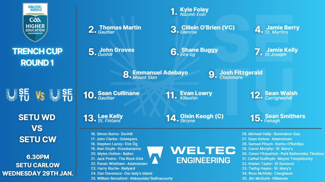 SETUGAAWD's tweet photo. 🔈Team news 🔈

Our Senior Football team to face SETU Carlow in tonight’s opening game of the trench Cup has been announced. Best of luck to all involved. https://t.co/Xn3iJYg7Vf