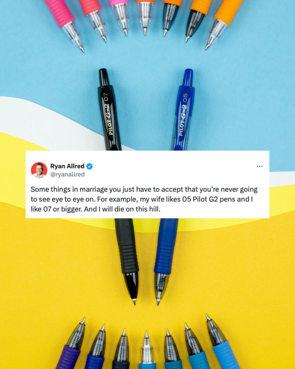 Marriage is full of compromises… except when it comes to Pilot pens. And BTW, nobody is wrong in this debate 😅 At least you'll  never run out of ink while you agree to disagree on the perfect pen! #PowerToThePen #PilotPen  #I❤️G2 #AgreeToDisagree
