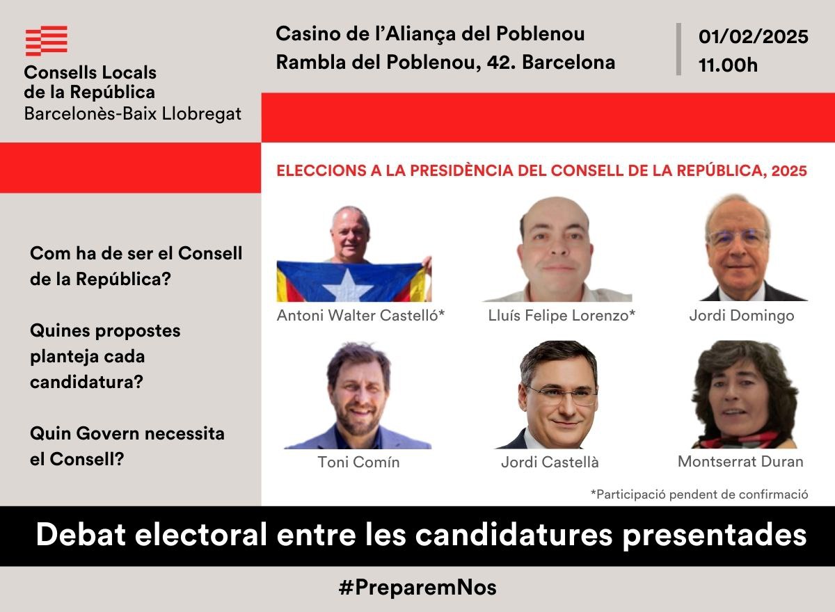 Us convidem al DEBAT ELECTORAL que es farà Dissabte dia 1 de febrer al Casino de l'Aliança del Poblenou, a #Barcelona. 
Org: Àmbit Territorial Barcelonès-BaixLlobregat del 
<a href="/ConsellRep/">Consell de la República Catalana</a>