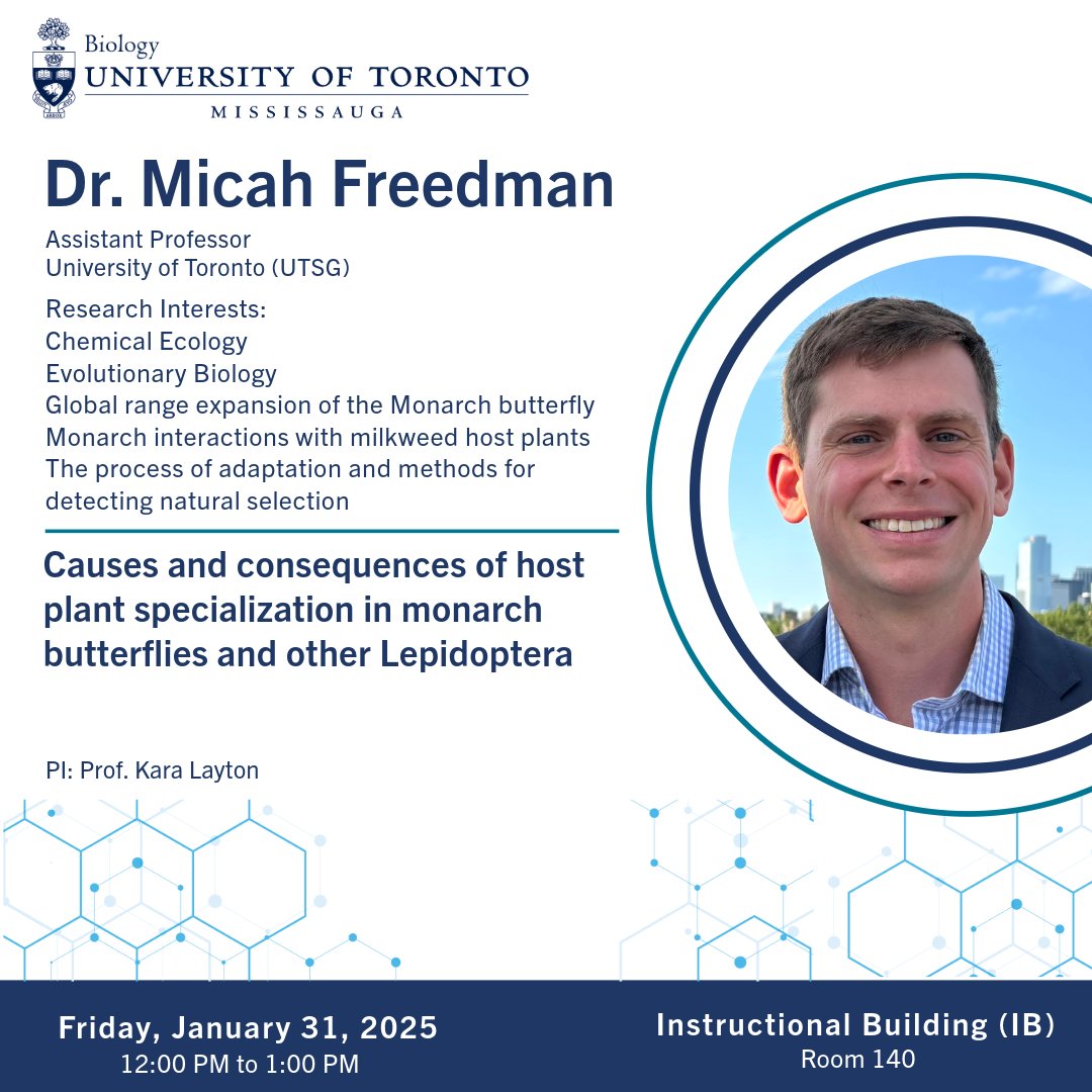 This Friday's seminar guest is Dr. Micah Freedman. Micah is an Assistant Professor with the University of Toronto (UTSG) and recently opened his own lab in the summer of 2024! 🥼

📅 Friday, January 31, 2025
🕓 12PM-1PM
📍IB140

PI: Prof. Kara Layton