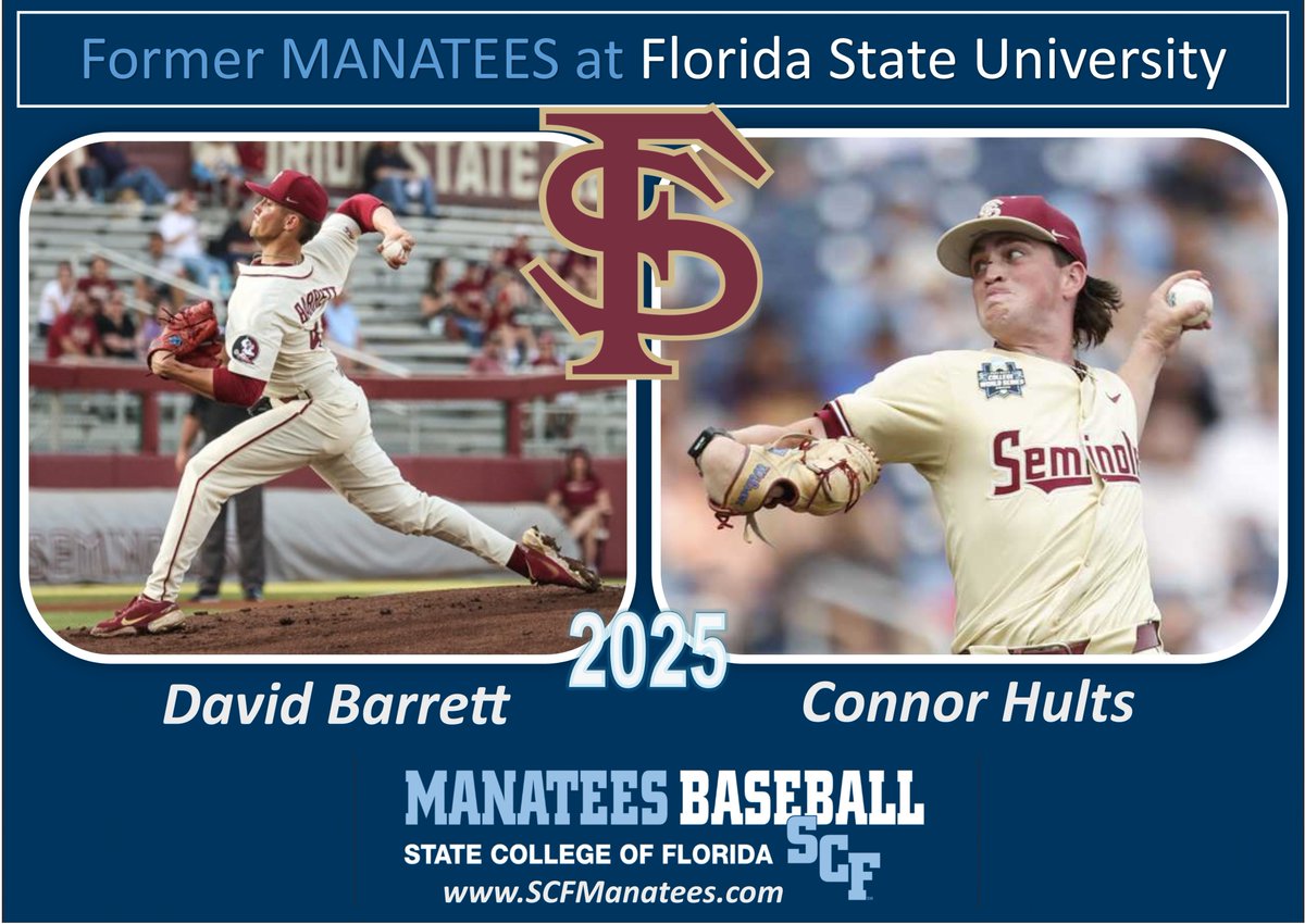 MANATEE Alums <a href="/david_barrett6/">David Barrett</a> &amp; <a href="/HultsConnor/">Connor Hults</a> are getting set to play big roles in 2025 as <a href="/FSUBaseball/">FSU Baseball</a> prepares to make another run to the <a href="/CWSOmaha/">College World Series of Omaha</a>! If you like spinrates both the RHP Barrett and LHP Hults spin at very elite rates not giving barrels many chances.   <a href="/SCFManatees/">SCF Manatees</a>