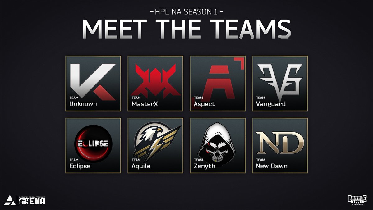 Hunt Premier (@huntpremier_) on Twitter photo Introducing the teams playing in the first HPL NA for <a href="/tarkovarena/">Escape from Tarkov: Arena</a>!
You can watch them compete starting 8th February at 4PM GMT / 11AM EST.
Who do you think will take the W? Introducing the teams playing in the first HPL NA for <a href="/tarkovarena/">Escape from Tarkov: Arena</a>!
You can watch them compete starting 8th February at 4PM GMT / 11AM EST.
Who do you think will take the W?