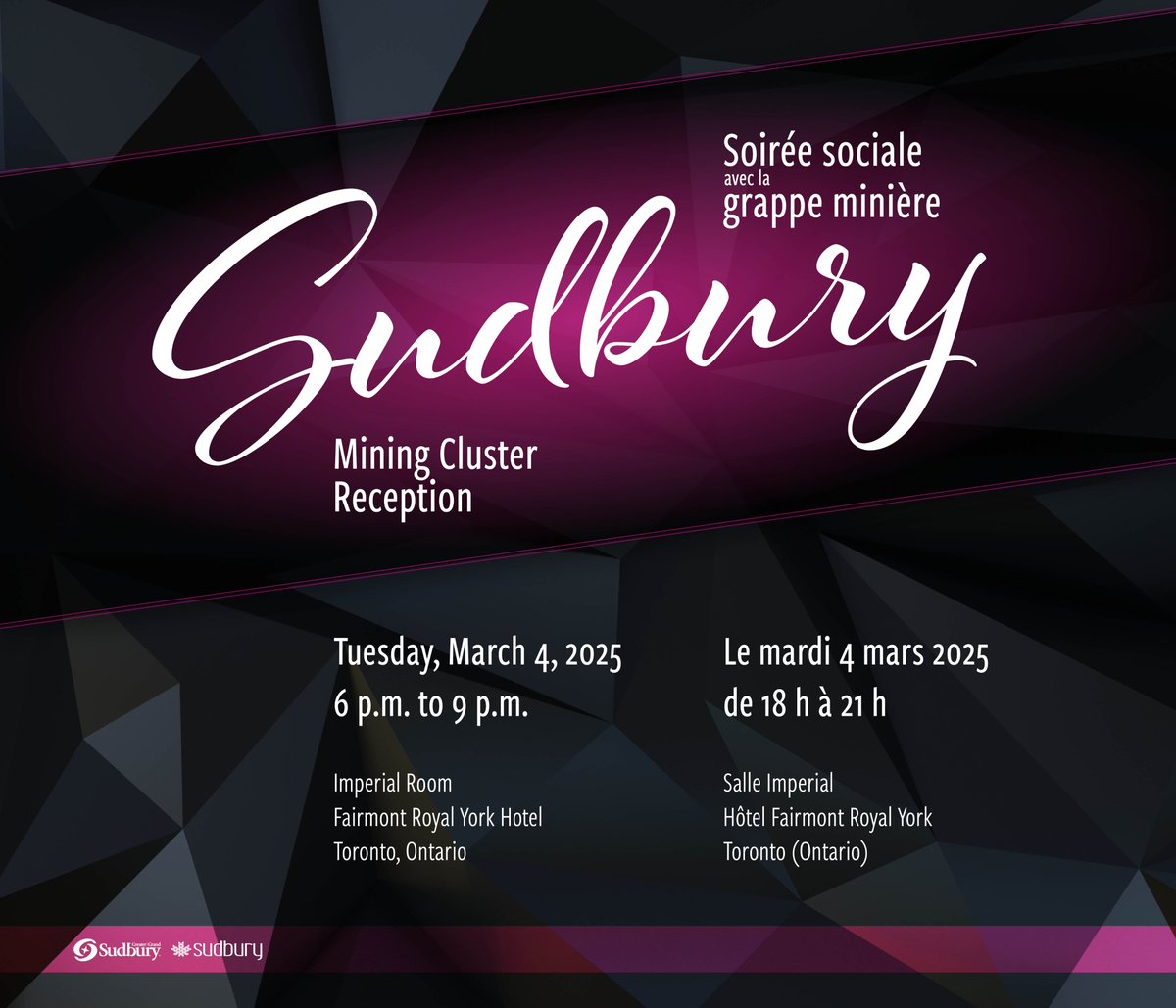 Resourceful City Sudbury (@resourcefulcity) on Twitter photo Les billets sont en vente dès maintenant pour la réception de la grappe minière de Sudbury qui aura lieu le 4 mars 2025 à l'ACSP !
Cet événement affiche complet chaque année, alors n'oubliez pas d'envoyer vos demandes de billets à invest@greatersudbury.ca. Les billets sont en vente dès maintenant pour la réception de la grappe minière de Sudbury qui aura lieu le 4 mars 2025 à l'ACSP !
Cet événement affiche complet chaque année, alors n'oubliez pas d'envoyer vos demandes de billets à invest@greatersudbury.ca.