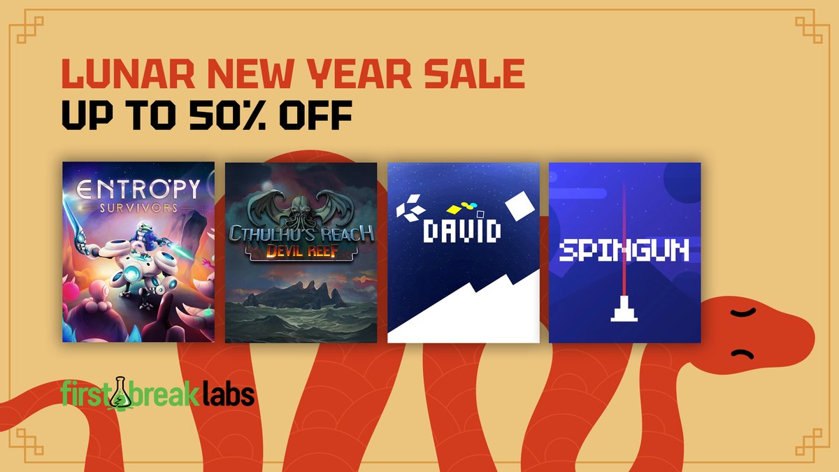 As we usher in the Year of the Snake, we’re excited to bring some great news for our loyal players and newcomers alike! 

To celebrate the Lunar New Year, we're offering fantastic discounts on four of our popular titles: Entropy Survivors, Cthulhu's Reach: Devil Reef, SPINGUN,