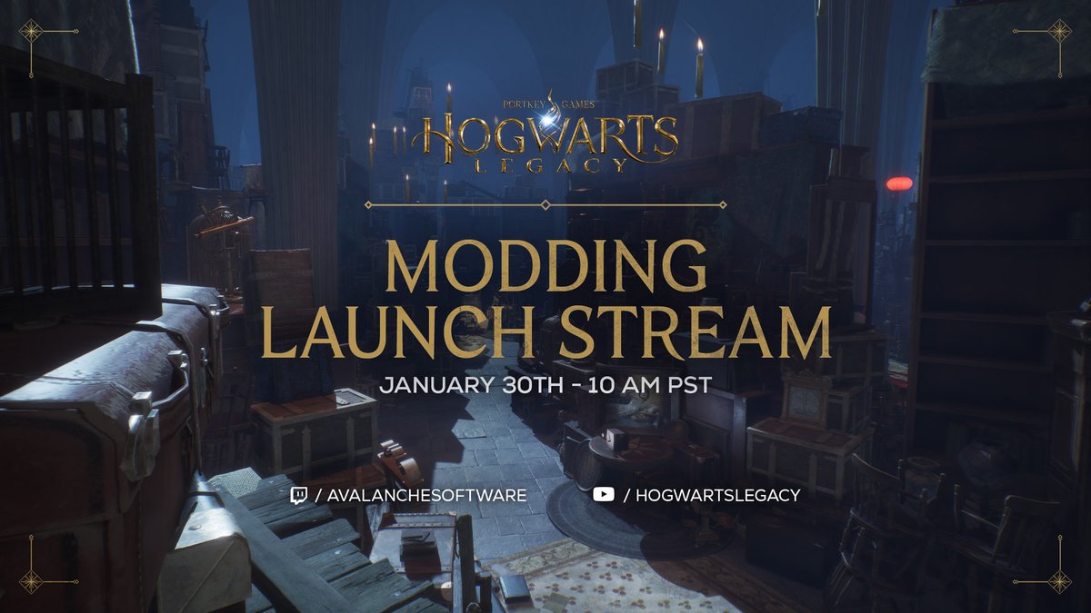 Officially supported PC Mods (and the ability to create your own mods via the Creator Kit) come to #HogwartsLegacy tomorrow and with that another Legacy Live! Join the <a href="/AvalancheWB/">WB Games Avalanche</a> team tomorrow at 10 AM PST to celebrate its release!

Watch HERE:
✨twitch.tv/avalanchesoftw…