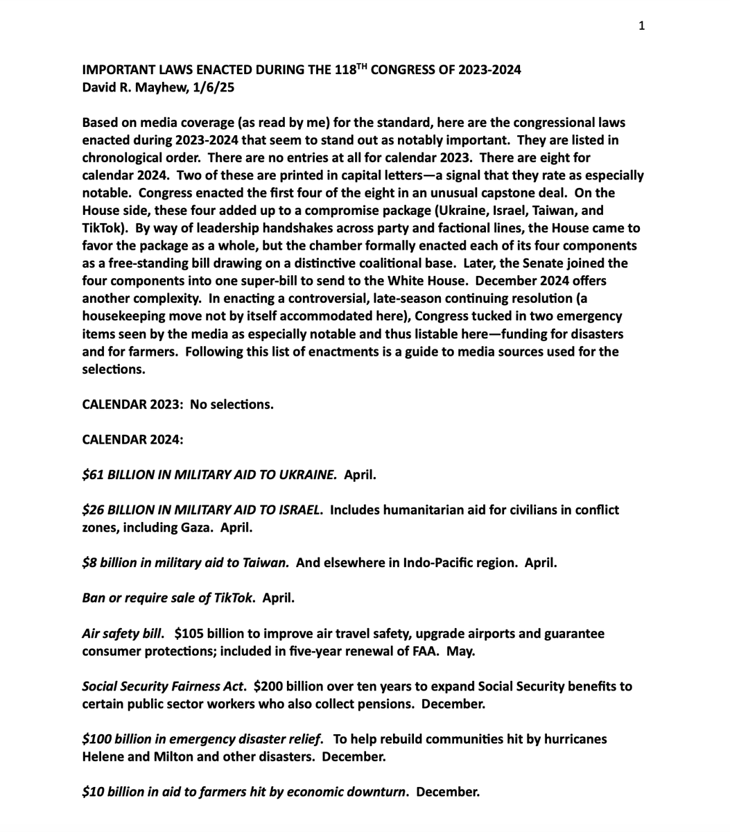 For those interested, David Mayhew has compiled the next update to his significant laws dataset, covering the 118th Congress of 2023-2024.

works.bepress.com/david-mayhew/4…