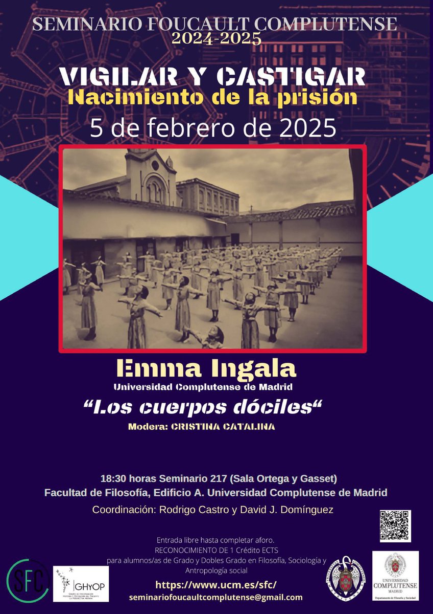 Seminario Foucault Complutense (@sfoucaultc) on Twitter photo El 5 de febrero daremos continuidad a nuestro seminario de lectura de "Vigilar y castigar" en la <a href="/FilosofiaUCM/">Facultad de Filosofía UCM</a>, con una presentación de Emma Ingala.
Pueden asistir a virtualmente a través de nuestro canal de YouTube: youtube.com/live/snmrrKPtM… El 5 de febrero daremos continuidad a nuestro seminario de lectura de "Vigilar y castigar" en la <a href="/FilosofiaUCM/">Facultad de Filosofía UCM</a>, con una presentación de Emma Ingala.
Pueden asistir a virtualmente a través de nuestro canal de YouTube: youtube.com/live/snmrrKPtM…