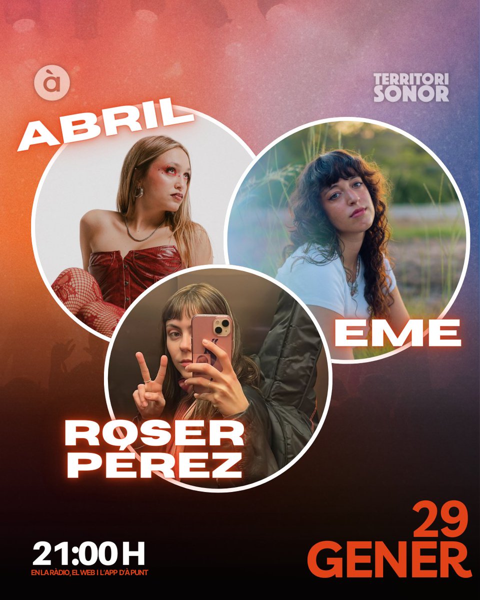 territoriAPunt's tweet image. 🎶 Esta nit en #TerritoriSonor:

➡️ La situació d'artistes emergents en l'escena musical amb Abril, @MarGradoli i Roser Pérez.
➡️ Entrevistarem @DonaManteca.
➡️ Tindrem #33RevolucionsPerACanviarElMón amb @cpziriza.
➡️ Parlarem amb @ambkoroficial.

⏰ 21:00 h
📻 @apunt_media