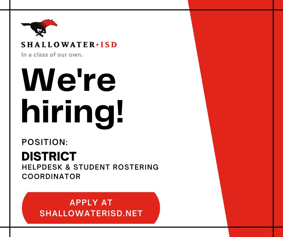 Come be a part of our incredible technology team!! Click the link below to apply.

shallowaterisd.schoolspring.com