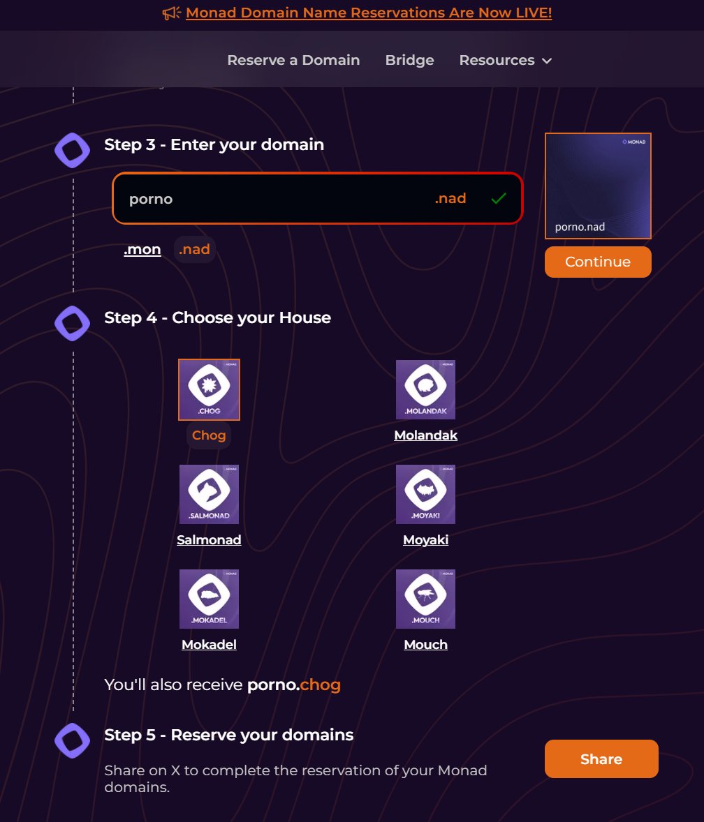 gmonad!💜

I'm reserving both

porno.nad and porno.chog

on <a href="/monad_xyz/">Monad</a> using <a href="/AllDomains_/">alldomains.id 🧬</a> 

Had to do it. For the memes. lolol.

Reserve your domain on⬇️
monad.alldomains.id
