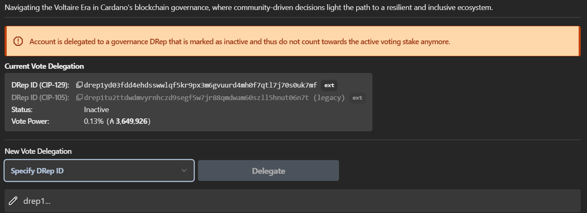 _Onchained's tweet photo. @elraulito I'm delegated to you, but through eternl it is saying that it's an inactive drep? https://t.co/EN9ZtFFURK