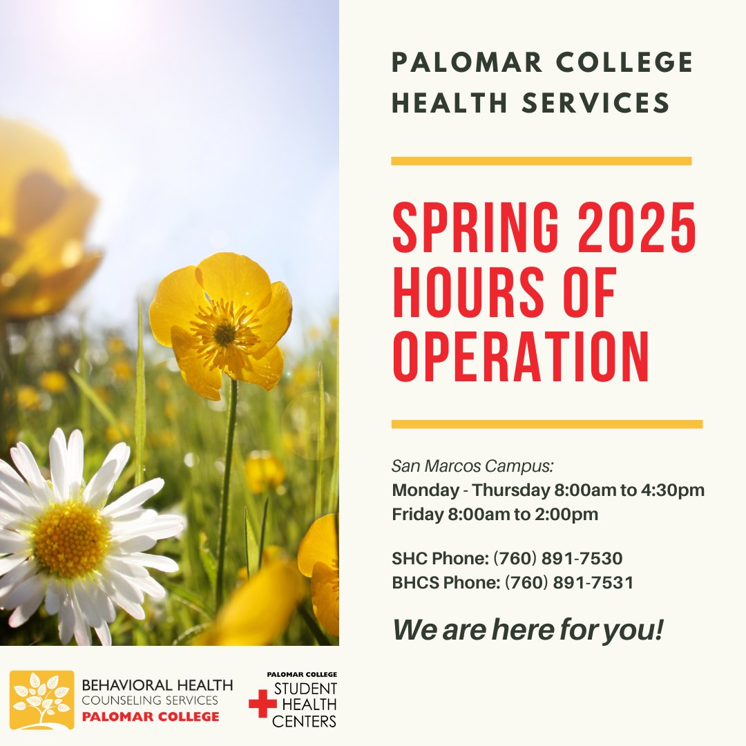 pchealthcenters's tweet photo. Welcome to spring semester comets! We are excited to assist with your health &amp; wellness needs. Come see us at the San Marcos campus Monday-Friday. 

Student Health Center Phone: (760) 891-7530
Behavioral Health Counseling Services Phone: (760) 891-7531
https://t.co/XpeCOplLwm https://t.co/FrHg0Wh7ls