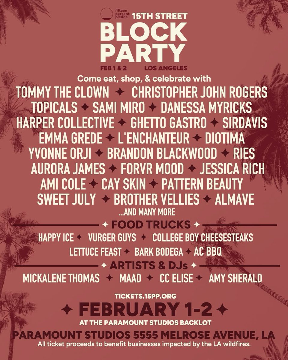 KELLYROWLAND's tweet image. LA, let’s show up for local businesses and kick off Black History Month with @15PercentPledge! Join the biggest block party of 2025 on the Paramount Studios Backlot this weekend! #ShopBlack tickets.15pp.org