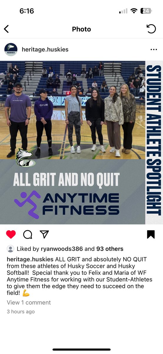 Shout out to our Allie's Woods for being recognized for her hard work at team workouts with Anytime Fitness for softball at Heritage High School.  Way to put in the work Allie!!! 💪🏻💪🏻🥎🥎