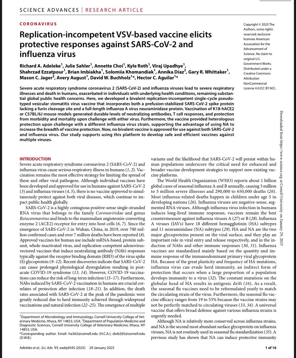 RichardAdeleke3's tweet image. Happy to share the exciting findings from my thesis research, now published in Science Advances! 🎉 Our study presents an innovative combined vaccine for SARS-CoV-2 (COVID-19) and influenza (flu), designed to enhance immunization strategies, improve accessibility, and streamline…