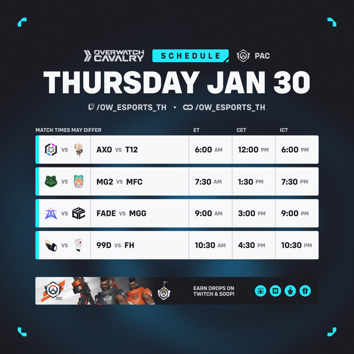 Cavalry Esports (@owcesports) on Twitter photo 🌠 #OWCS PAC Stage 1 • Week 1
🔸 <a href="/AnticOdium/">Antic x Odium</a> vs Trap12
🔸 <a href="/MENGGONG2_OW/">MENGGONG2</a> vs MFC
🔸 <a href="/Altairesportsgg/">Altair Esports</a> vs <a href="/LUMINOUS_OWCS/">Luminous esports</a>
🔸 <a href="/99divine_/">99 DIVINE</a> vs <a href="/FullhouseOW/">Full House</a>
⏰ Matches start in one hour! 🌠 #OWCS PAC Stage 1 • Week 1
🔸 <a href="/AnticOdium/">Antic x Odium</a> vs Trap12
🔸 <a href="/MENGGONG2_OW/">MENGGONG2</a> vs MFC
🔸 <a href="/Altairesportsgg/">Altair Esports</a> vs <a href="/LUMINOUS_OWCS/">Luminous esports</a>
🔸 <a href="/99divine_/">99 DIVINE</a> vs <a href="/FullhouseOW/">Full House</a>
⏰ Matches start in one hour!