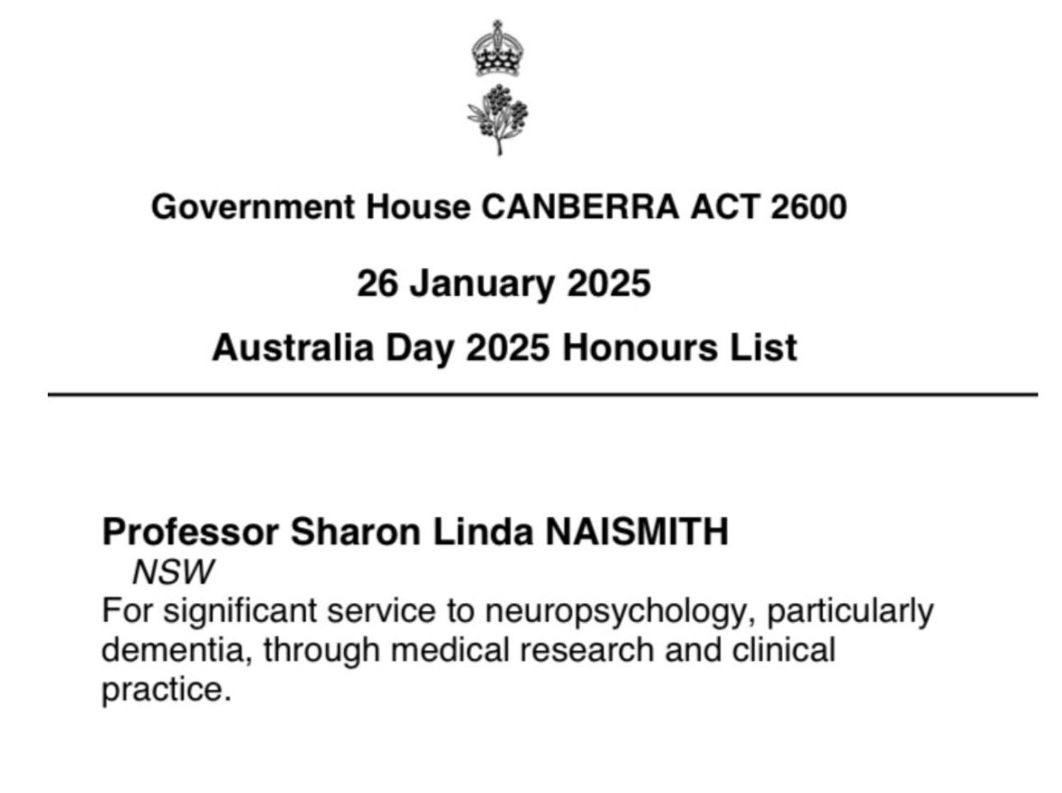 Healthy Brain Ageing Program, University of Sydney (@hbaprogram_usyd) on Twitter photo Huge congratulations to <a href="/Prof_Naismith/">Sharon Naismith, AM, FASSA</a> on receiving a Member of the Order of Australia! 🎊🙌🏽
An incredible honour for an outstanding researcher and leader. Your dedication to research continues to inspire us all!— thank you for your remarkable work. ❤️ Huge congratulations to <a href="/Prof_Naismith/">Sharon Naismith, AM, FASSA</a> on receiving a Member of the Order of Australia! 🎊🙌🏽
An incredible honour for an outstanding researcher and leader. Your dedication to research continues to inspire us all!— thank you for your remarkable work. ❤️