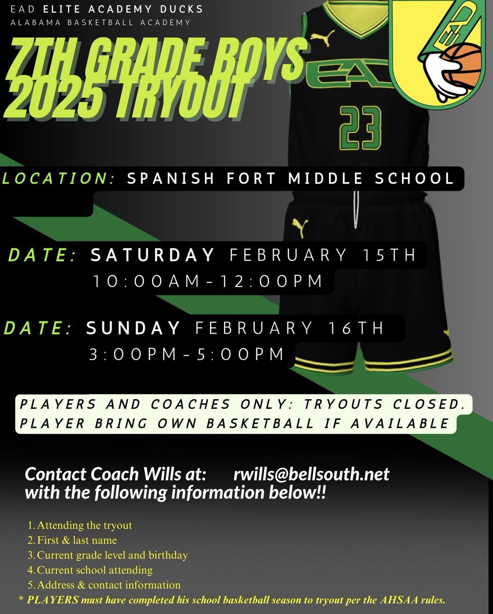 CoachLNWalker's tweet photo. EAD Alabama 7th and 8th grade boys tryout information for the 2025 season is below! Please use the Head Coach’s contact information located on the flyer. #theEADWAY https://t.co/RKV1J5z5Lu