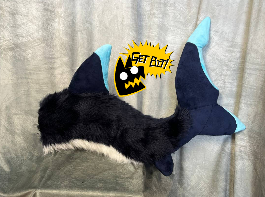 Husky shark head&amp;tail made on a tpu base with following eyes, two sets of eyelids, magnetic swappable ears(floppy and regular), 3d printed hook piercings, foam core waggable tail and some extra magnets in the head for future accessories