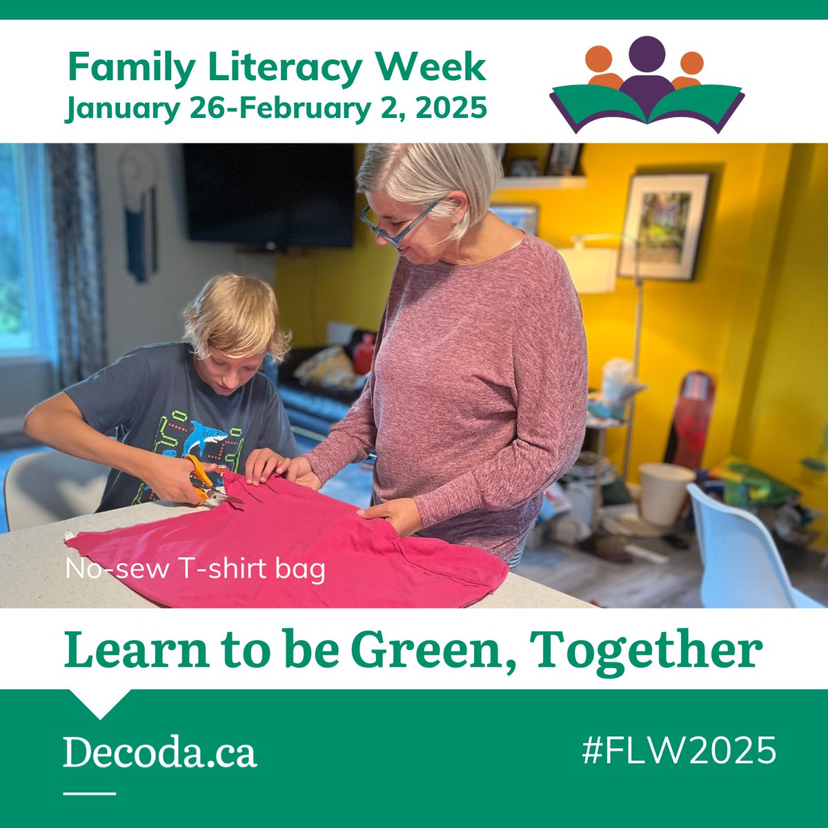 ✂ 👕 Here's a great "reuse" project to try this weekend for older school-aged children! 

👉 Download instructions at: decoda.ca/wp-content/upl…

#LearnToBeGreenTogether #GreenCrafts #NoSewTShirtBag #Reuse 
#FLW2025 #FamilyLiteracyWeek #FamilyLiteracy