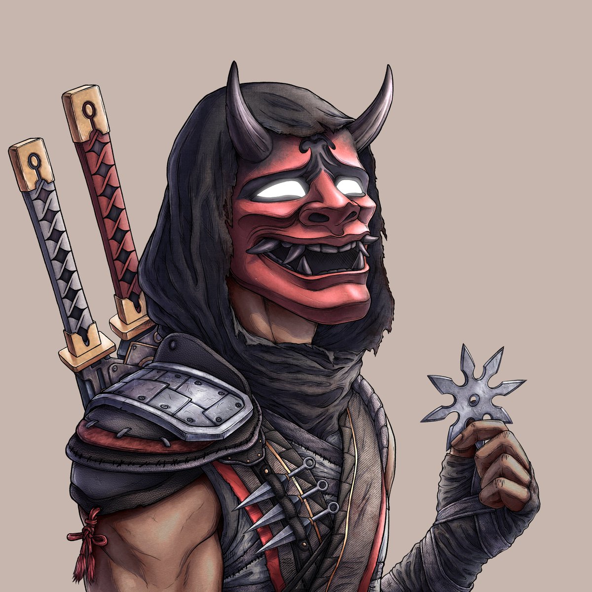 Power Grinders #42 HAS BEEN MINTED!
Name: The Demon Ronin👹
Owner: <a href="/Mamba248x/">Mamba 🥷🏽</a> 
Artist: @Trippsoul_NFT

Lore:
In a world scarred by cataclysm, a menacing figure with a sinister grin-mask and devilish horns emerges from the desolation. Clad in scavenged armor and wielding twin