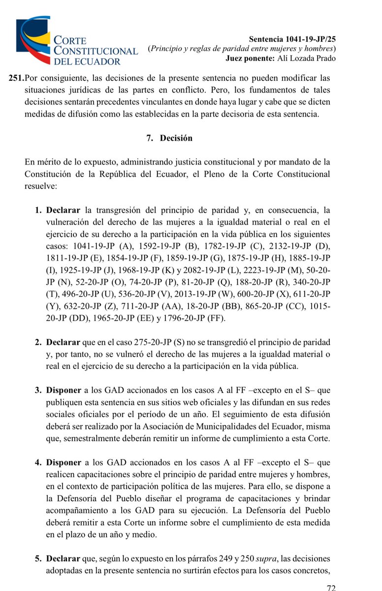 🟣 #CasoVicealcaldia
Pasaron más de 5 años para que la <a href="/CorteConstEcu/">Corte Constitucional</a> nos dé la razón y declare la TRANSGRESIÓN del principio de #PARIDAD, y en consecuencia,  la vulneración del derecho de las #mujeres a la IGUALDAD POLÍTICA en el #Ecuador.
#SinMujeresNoHayDemocracia