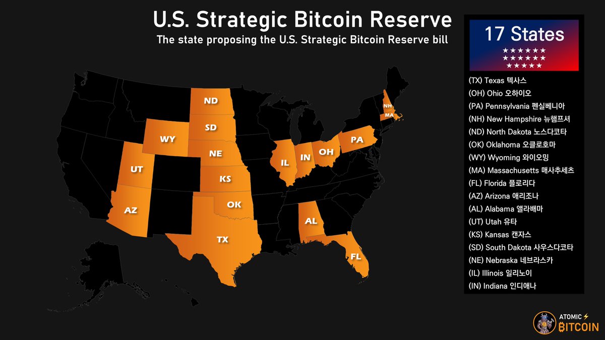 U.S. Strategic Bitcoin Reserve] The state proposing the U.S. Strategic Bitcoin  Reserve bill - 17 States