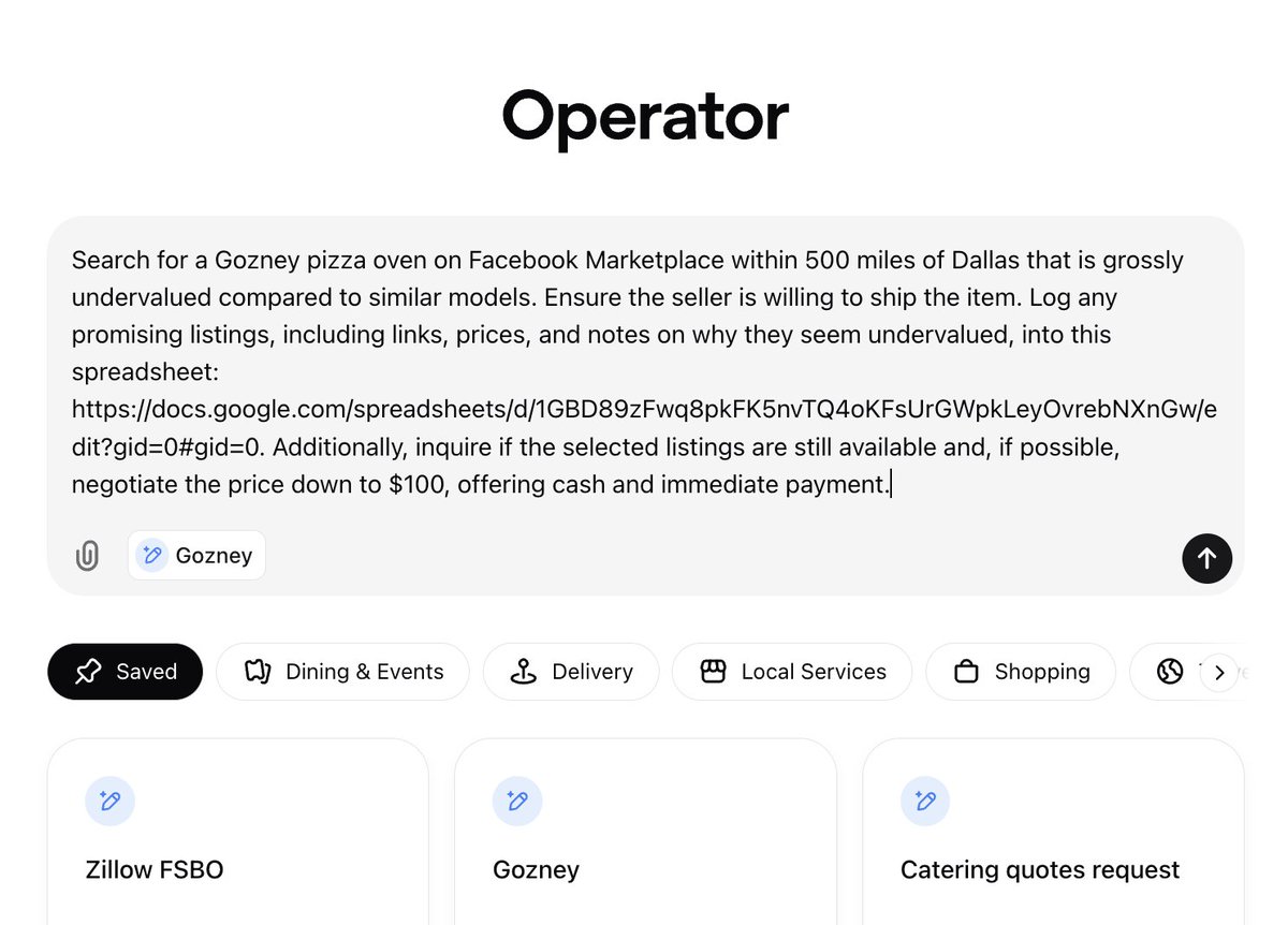 mhp_guy's tweet image. Update: Mind still blown. 

Today I learned you can have multiple ChatGPT Operators running at the same time in different tabs.

I used them to:

- Request samples of free products on Alibaba
- Find a $69 nonstop round trip flight from DFW to LAX
- Find underpriced pizza ovens on…