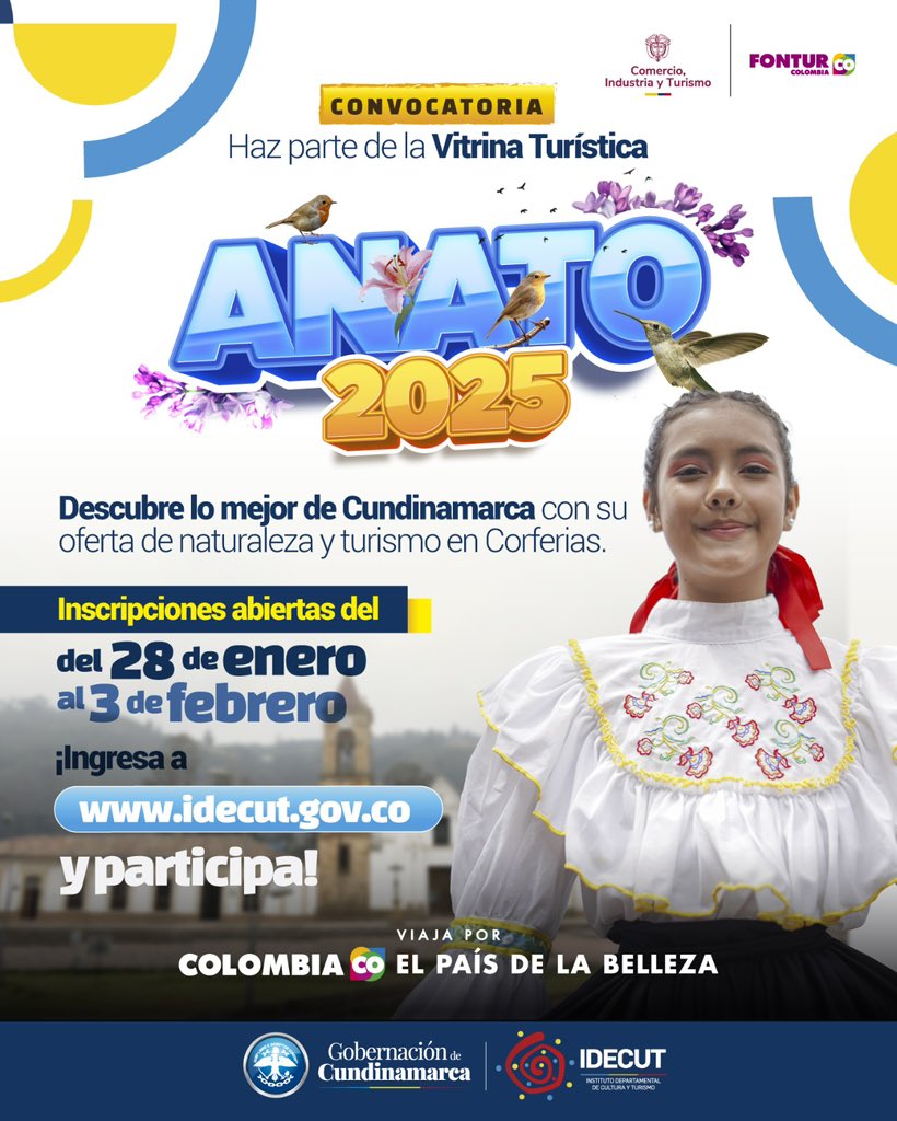 IDECUTCundi's tweet photo. 🌎✨ Cundinamarca estará en la Vitrina Turística de Anato 2024 en Corferias.

@Cundinamarcagob y el #IDECUT invitan a postularse para representar al departamento.

📅 Inscripciones del 29 de enero al 3 de febrero (2:00 p.m.) en 👉 https://t.co/MkC47T7UkT https://t.co/MQWPuEtfsA