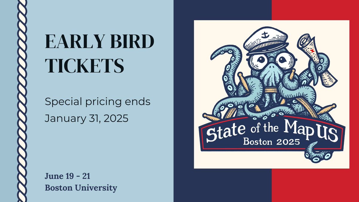 Early bird pricing for State of the Map US ends this Friday! Snag your tickets at a special price: bit.ly/sotmus2025tix 

#StateoftheMapUS #OpenStreetMap OpenStreetMapUS