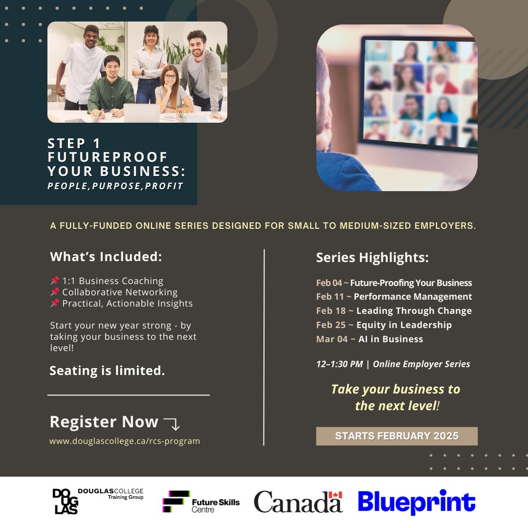 tg_programs's tweet image. 📣 Leaders! Future-proof your biz in 2025. Get expert coaching, networking &amp;amp; action plans for growth. Start strong! 

Learn how you can participate at douglascollege.ca/rcs-program or email ttg@douglascollege.ca

#BusinessCoaching #FutureProofYourBiz #SMBNetworking #SmallBusiness