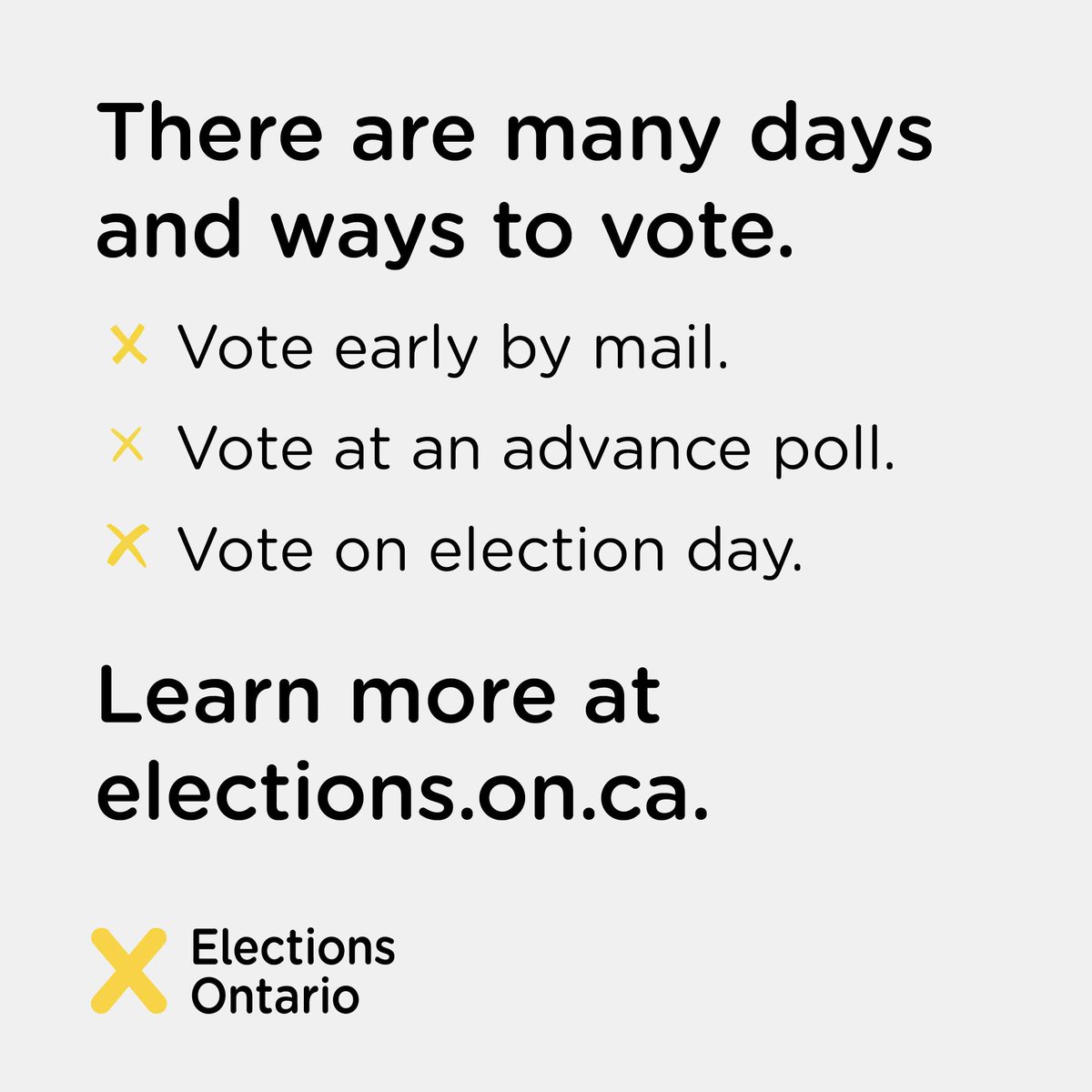 If you’re a resident of Ontario, get ready to mark your X and vote on or before February 27! 🗳 

Visit elections.on.ca to learn more.

#ONelxn #OntarioVotes #ONpoli #ONvotes #ElectionsOntario