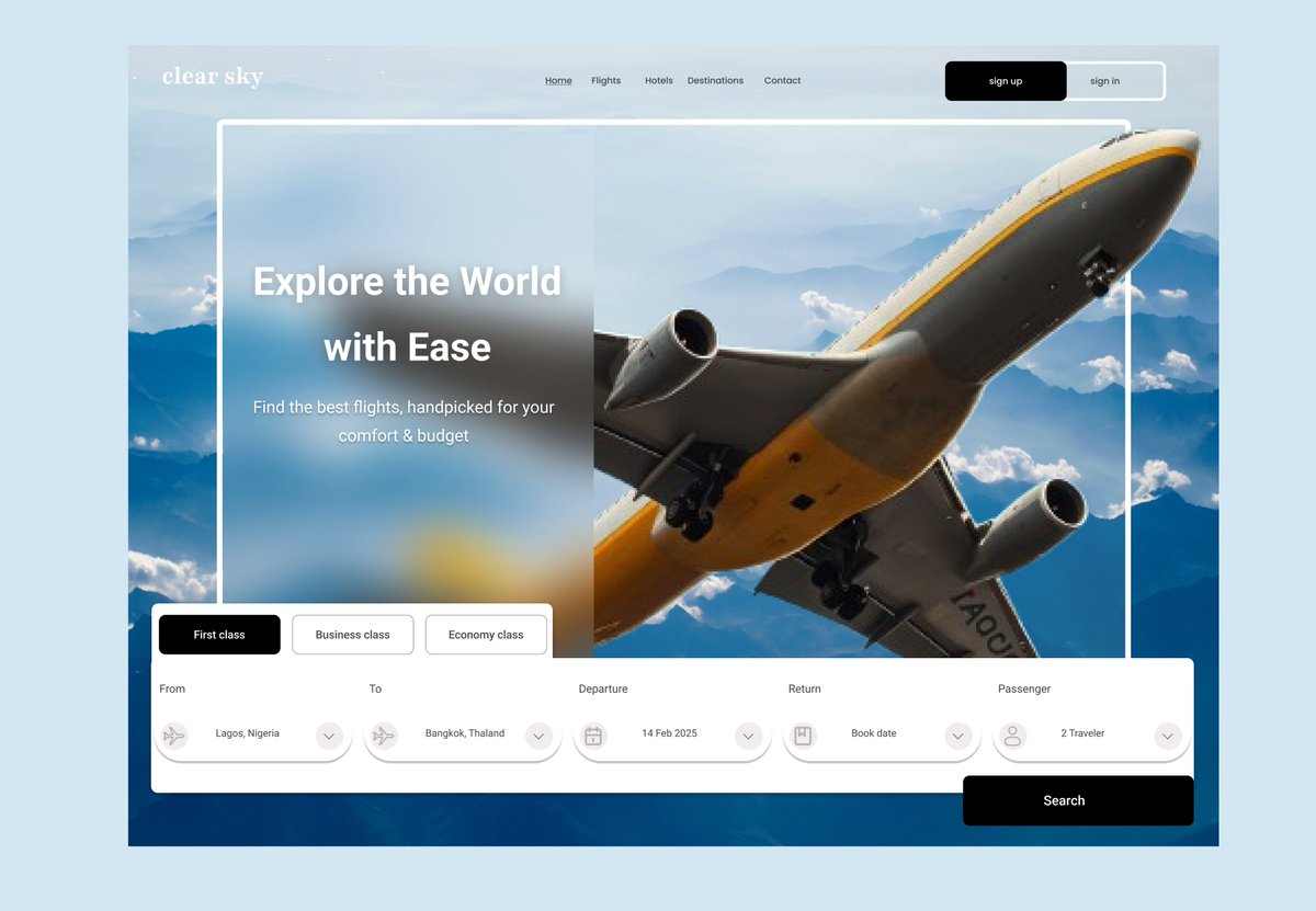 ikechukwuux's tweet image. Day 3 of my #30DayUIUXChallenge! ⚡️

Today, I designed a flight booking website that makes travel planning smooth and effortless. 
This is my first time designing a website 👀