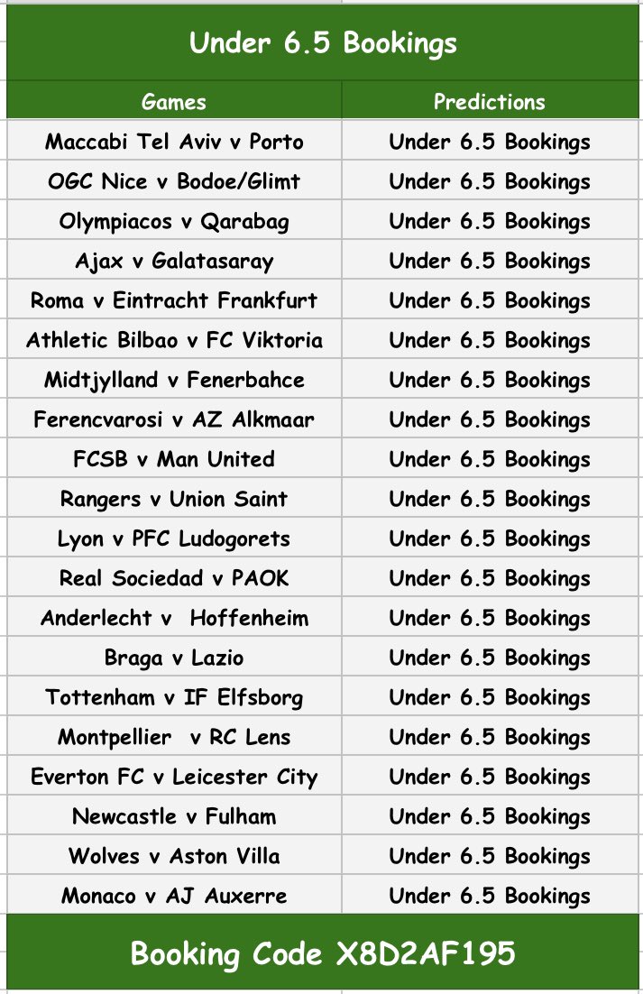 CODE || X8D2AF195

Under 6.5 Bookings 

Europa League Games and Some League Games(Weekends Games)

Edit or cut ✍️