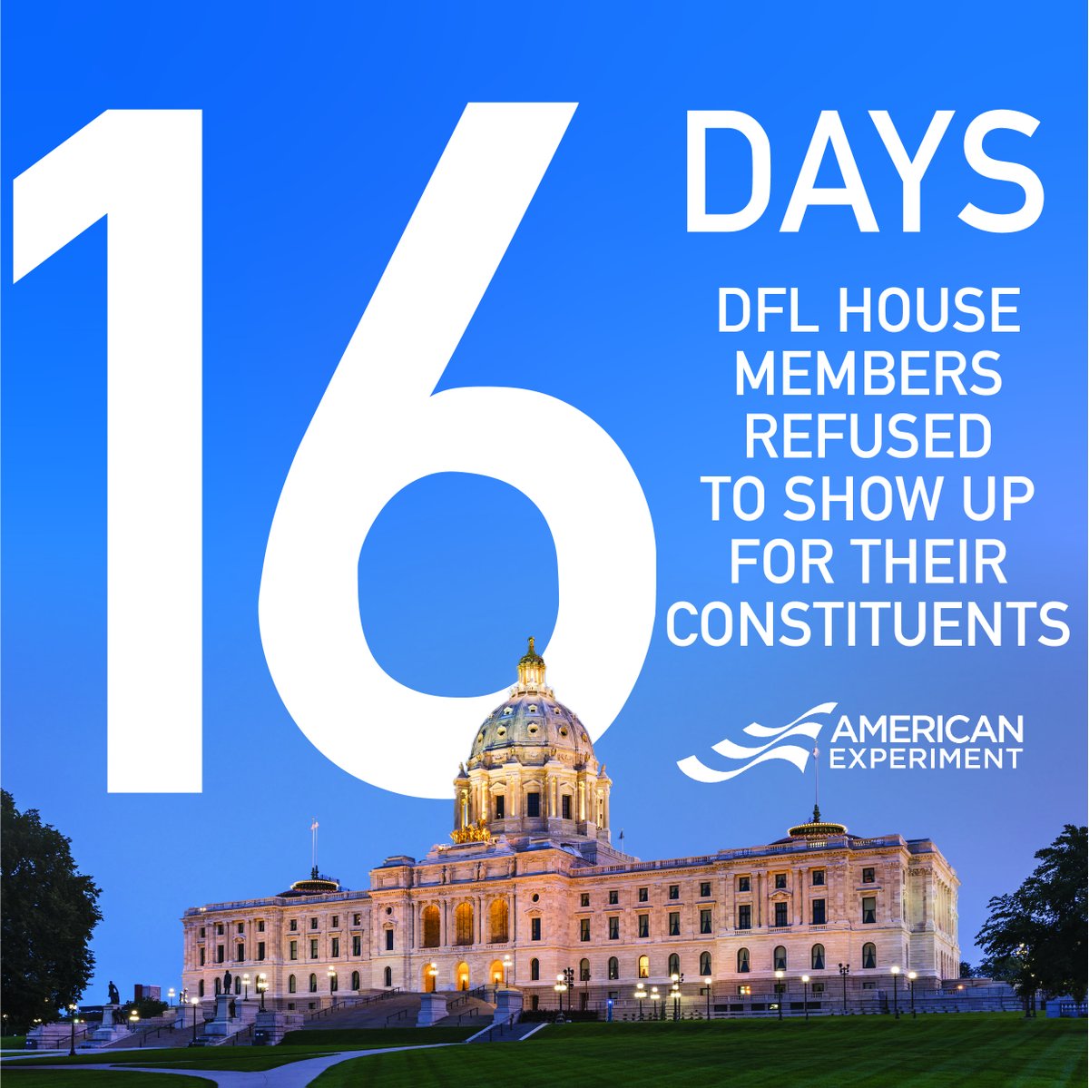 MNThinkTank's tweet photo. Today is the 16th day half of Minnesotans are left without representation because of political games. https://t.co/XWgSpcBqr7