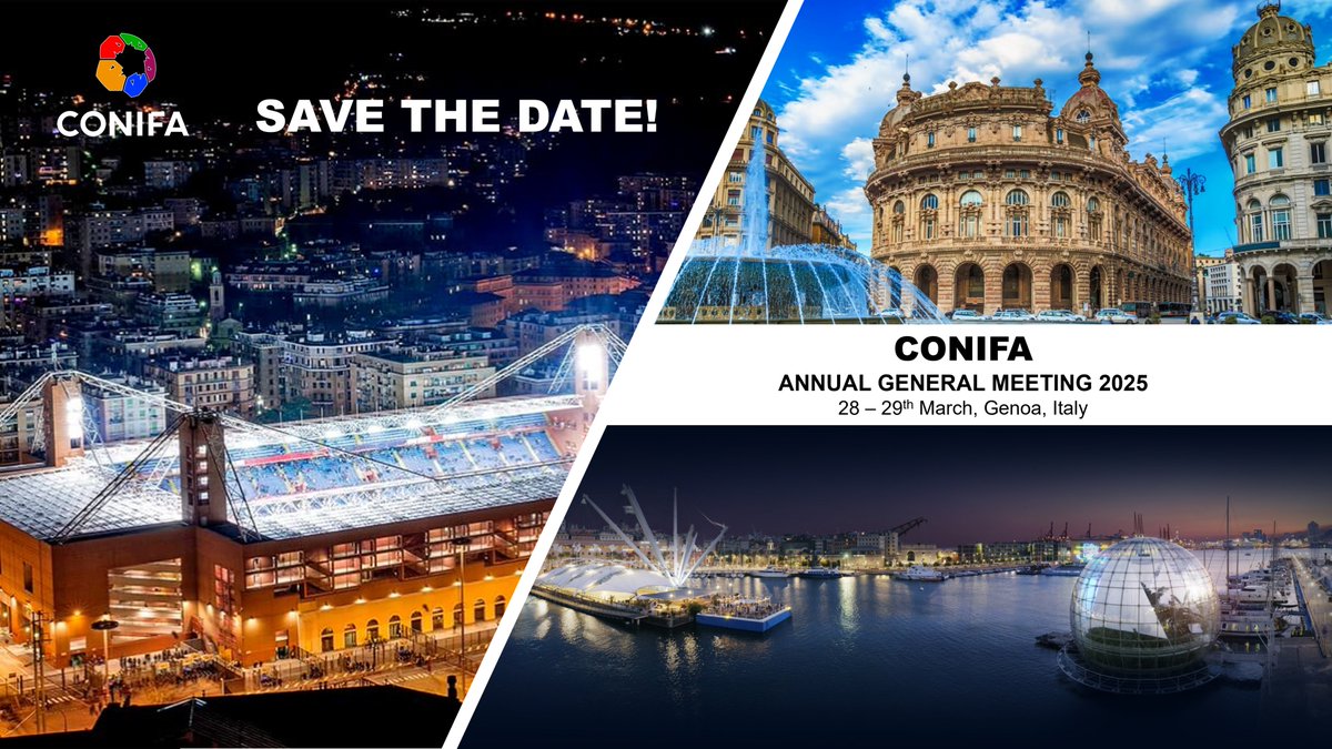 CONIFAPresident's tweet photo. SAVE THE DATE!

CONIFA Annual General Meeting 2025 is here !!!
Location: Genoa, Italy

@CONIFAOfficial #sponsorship #opportunity #football4all #footballforpeace #HumanityFirst #soccer #football https://t.co/2Aj6sdW9gX