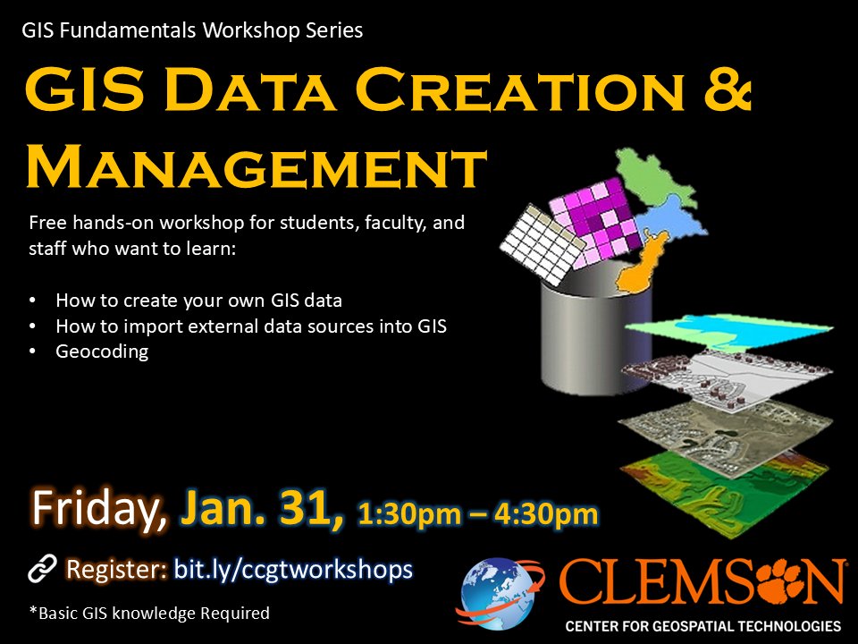 Please join us for our free GIS Data Creation &amp; Management workshop at 1:30 p.m. on Friday, January 31! This semester, we will use ArcGIS Pro to teach this topic! You can join online or in person (Cooper 406A and 412). Register at: bit.ly/ccgtworkshops
#clemsonuniversity #GIS