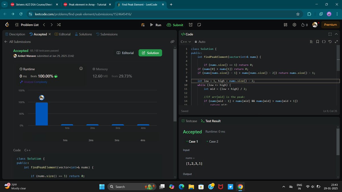 AniketWanave007's tweet photo. Day 11/100 of #100daysofcoding Today Solved one question on @LeetCode platform
1.Finding peak element in an array using modified Binary search algorithm.
#LearningJourney  #buildinpublic #CodingJourney #CodingChallenge #DSA https://t.co/ExfkuPpN0q