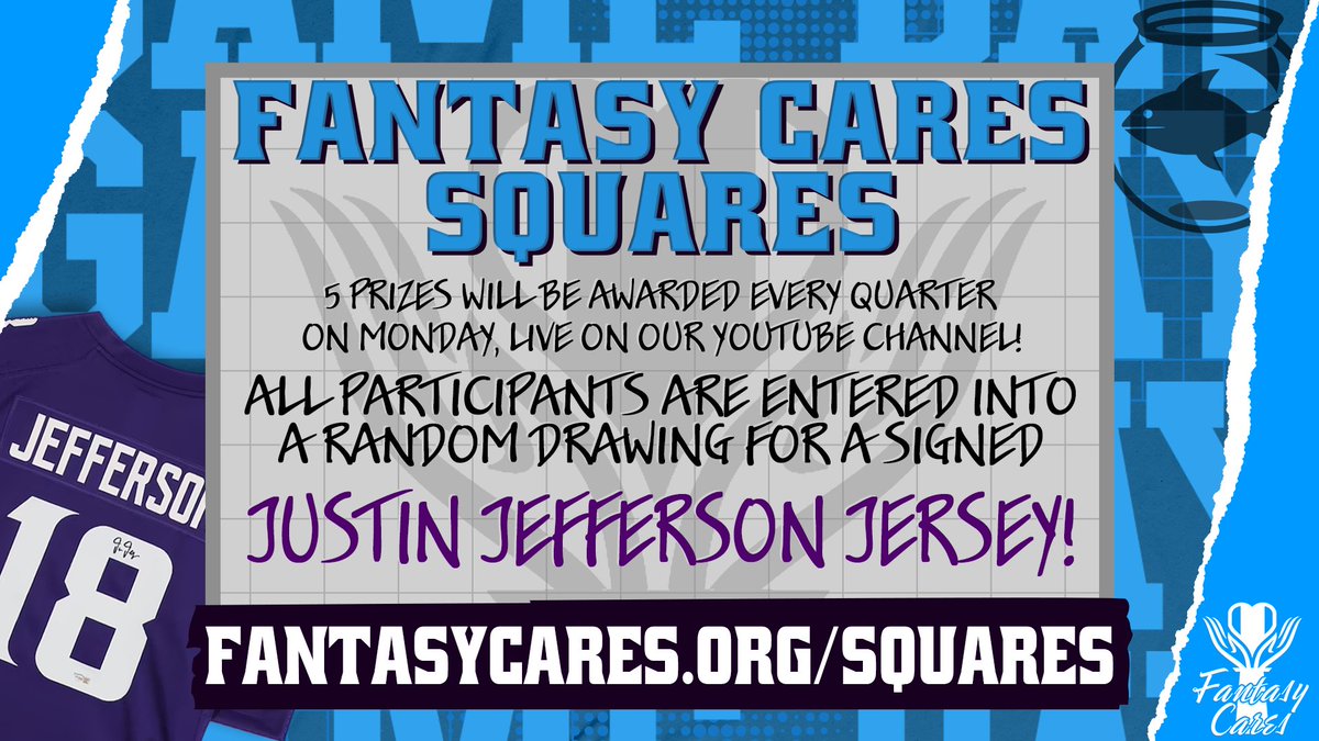 Our <a href="/FantasyCaresOrg/">Fantasy Cares #fantasycares</a> Super Bowl Squares Contest is Live!

fantasycares.org/squares.php

Prizes:
Justin Jefferson Jersey
Montana w/SI Magazine Funko
Tomlinson Dark Visor Funko
Kittle Funko
Mystery Funkos
Signed Memorabilia
#SFB15 spots
Shop FC $25 Gift Cards
Mini Funko POPs
Stickers