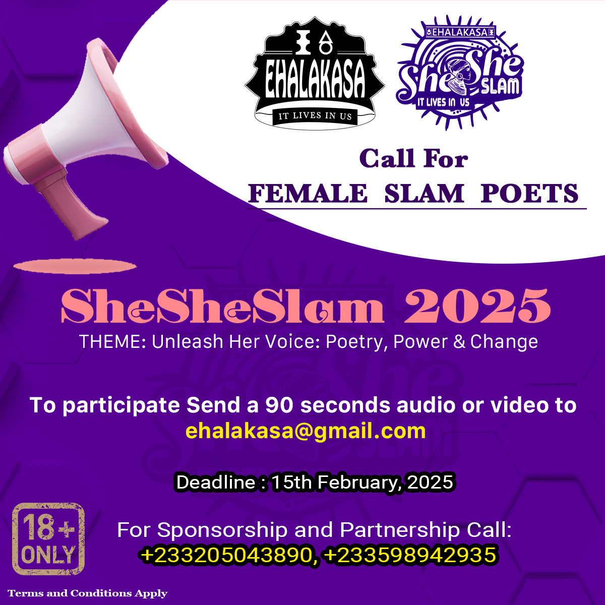 EHALAKASA's tweet photo. 🎤 CALLING ALL FEMALE SLAM POETS! ✨
🔥 SheSheSlam 2025 is here!
Theme: Unleash Her Voice: Poetry, Power &amp; Change 🎙️
🎧 Send a 90-sec audio/video to ehalakasa@gmail.com by Feb 15, 2025.
💜 18+ only!
📩 Tag a female poet &amp; spread the word!
#shesheslam2025 #poetryGhana #Ehalakasa https://t.co/WgLsYM69PV