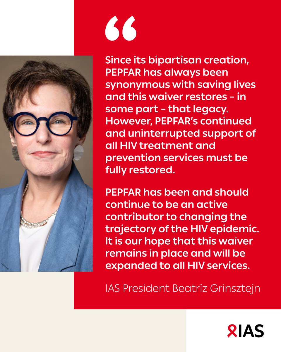 With the US decision to waive suspension of “life-saving humanitarian assistance”, the emphasis must be on ensuring #PEPFAR implementers return to work so critical HIV services are not further interrupted &amp; communities get the care &amp; treatment they need: 

iasociety.org/ias-statement/…